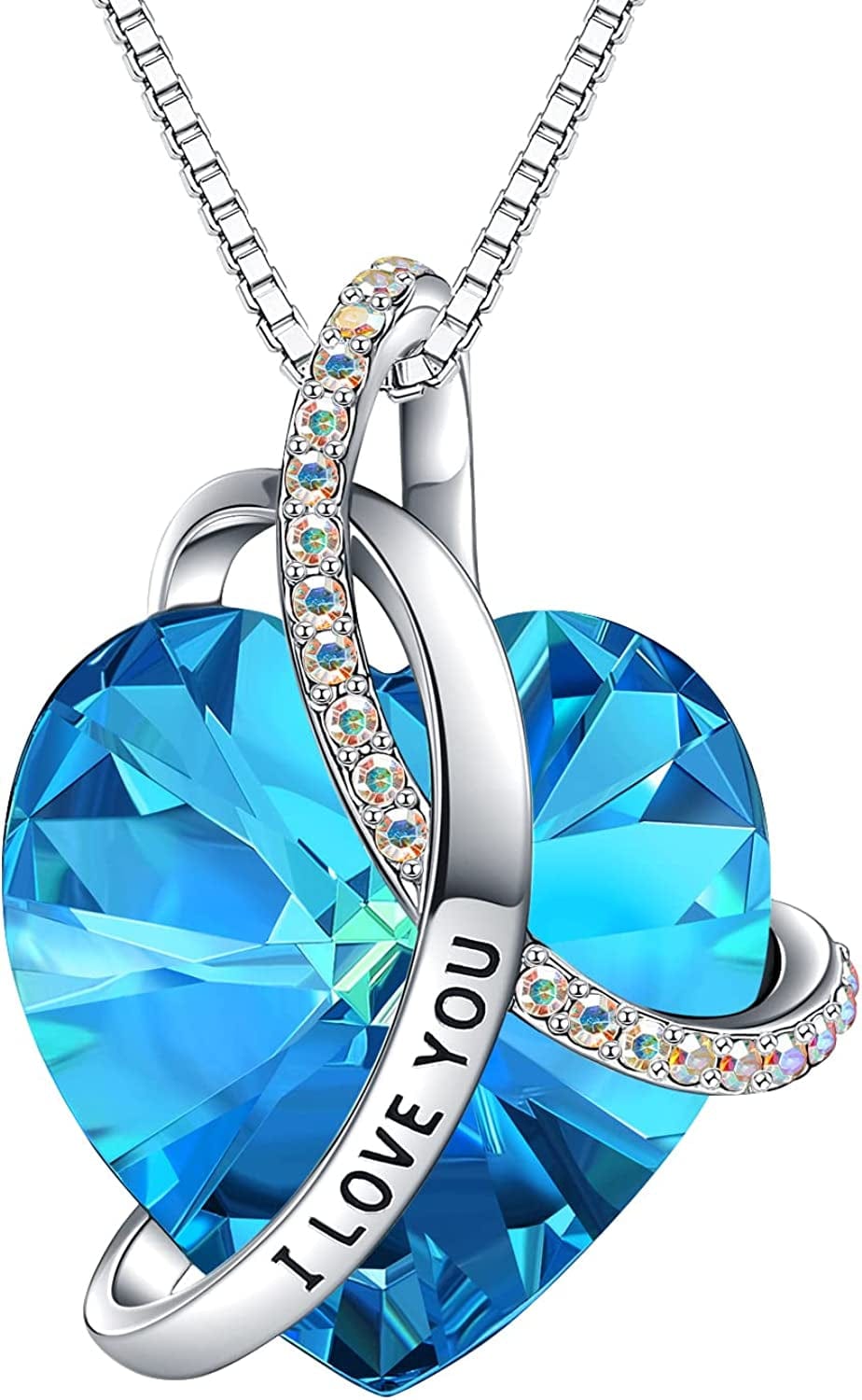 Eleshow I Love You Heart Pendant Birthstone Crystal Necklaces Jewelry Gifts for Women Blue