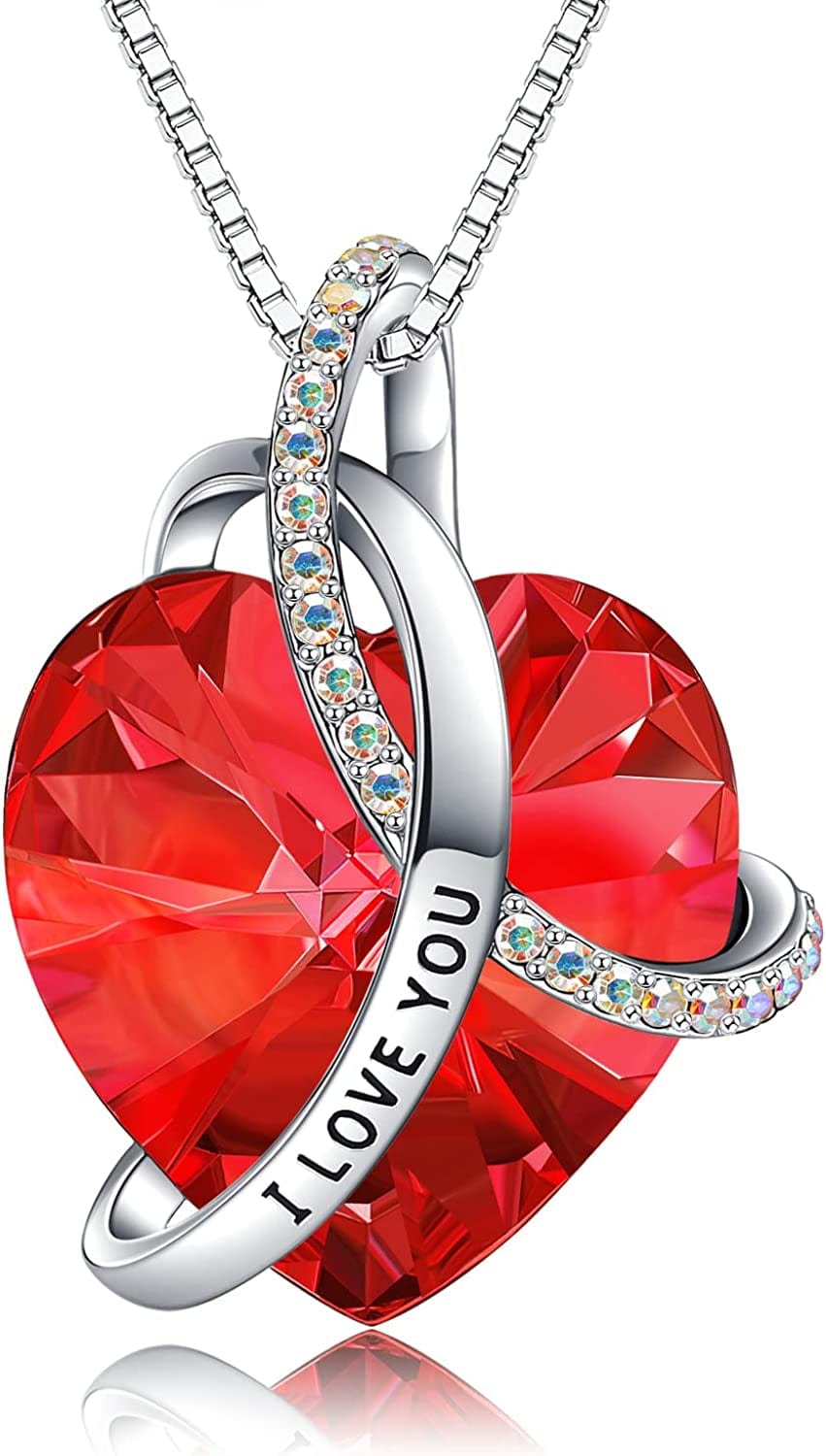 Eleshow I Love You Heart Pendant Birthstone Crystal Necklaces Jewelry Gifts for Women Red