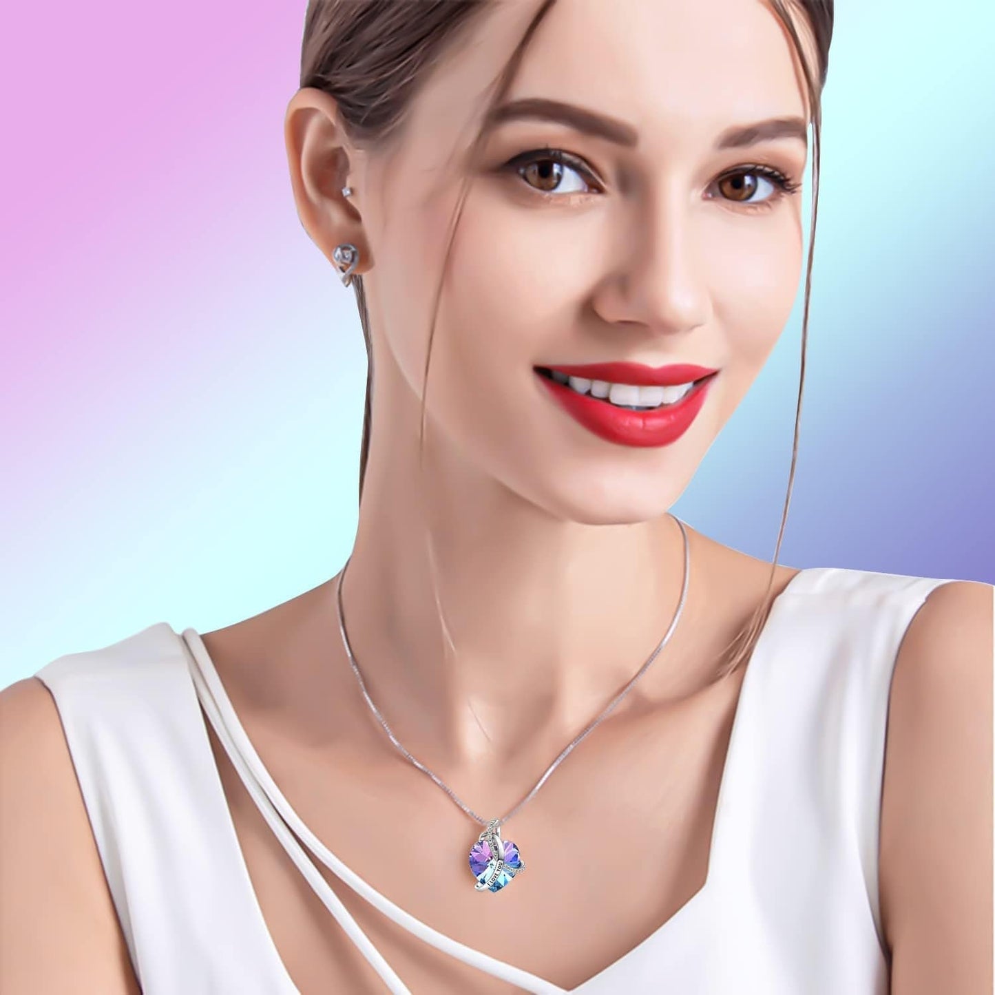 Eleshow I Love You Heart Pendant Birthstone Crystal Necklaces Jewelry Gifts for Women