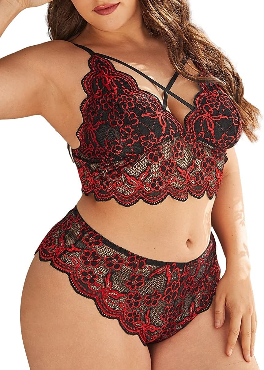 Ella Lust plus Size Sexy Lingerie V-Neck High Waist Floral Lace Criss Cross Bra and Panty 2 Piece Set No Underwire
