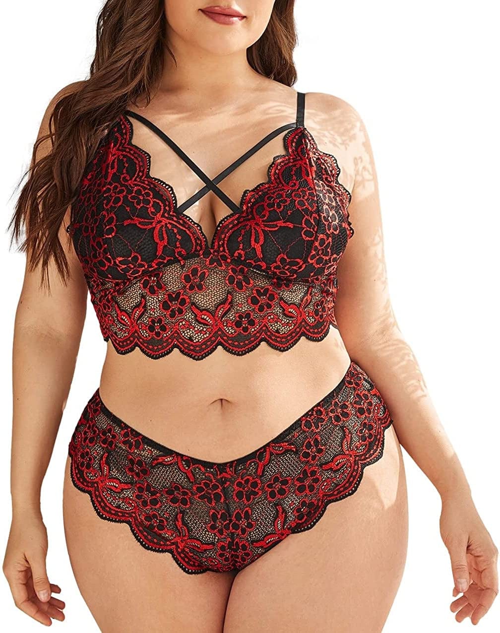 Ella Lust plus Size Sexy Lingerie V-Neck High Waist Floral Lace Criss Cross Bra and Panty 2 Piece Set No Underwire