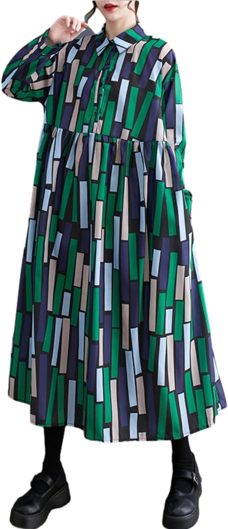 Ellazhu Women'S Baggy Casual Printed Pullover Long Dress with Geometric Pattern GZ09 Green / Small-X-Large
