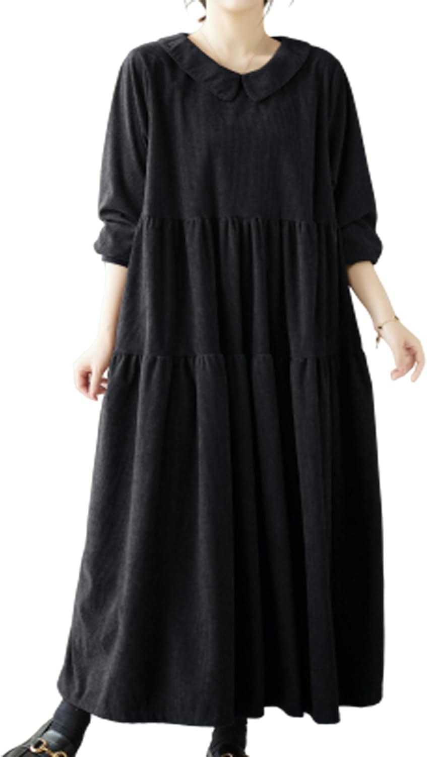 Ellazhu Women'S Corduroy Doll Collar Solid Color Long Dress with Long Sleeve Pockets a Line Ruffled Hem GA2703 Black / Small-X-Large