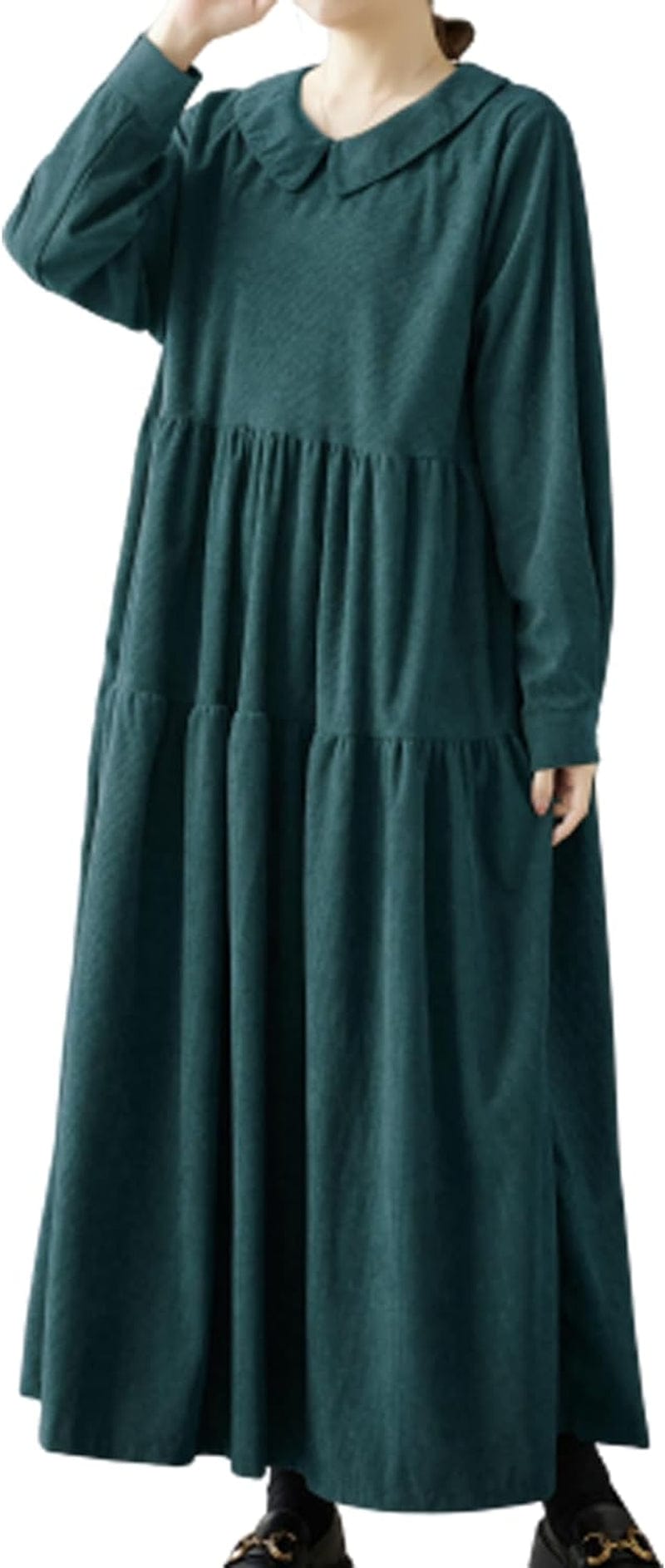 Ellazhu Women'S Corduroy Doll Collar Solid Color Long Dress with Long Sleeve Pockets a Line Ruffled Hem GA2703 Dark Green / Small-X-Large
