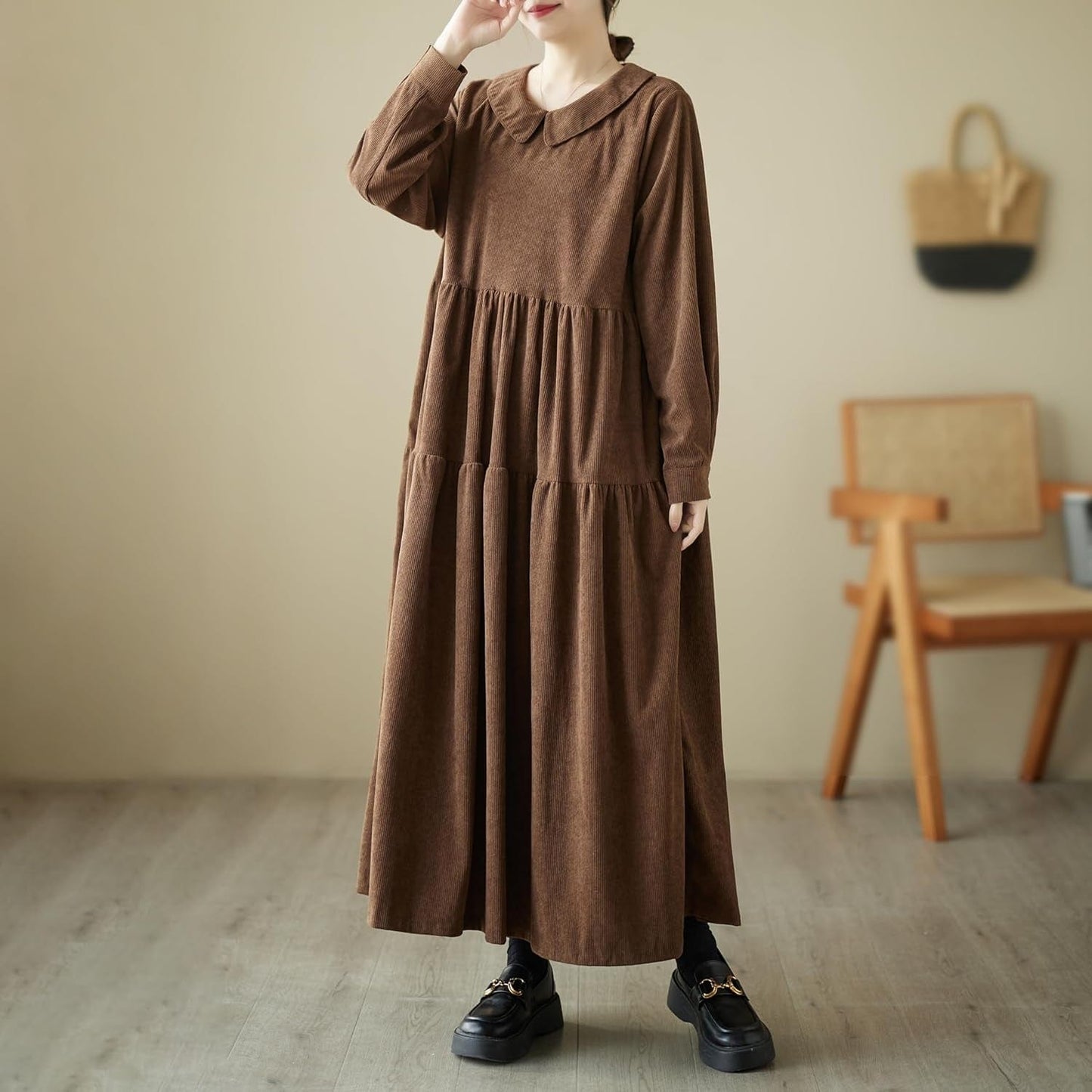 Ellazhu Women'S Corduroy Doll Collar Solid Color Long Dress with Long Sleeve Pockets a Line Ruffled Hem GA2703