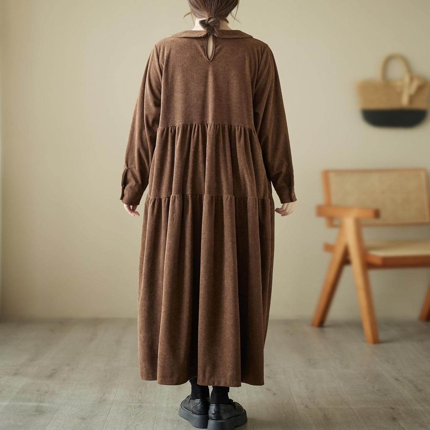 Ellazhu Women'S Corduroy Doll Collar Solid Color Long Dress with Long Sleeve Pockets a Line Ruffled Hem GA2703