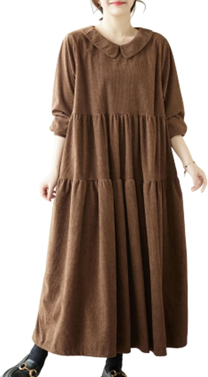 Ellazhu Women'S Corduroy Doll Collar Solid Color Long Dress with Long Sleeve Pockets a Line Ruffled Hem GA2703