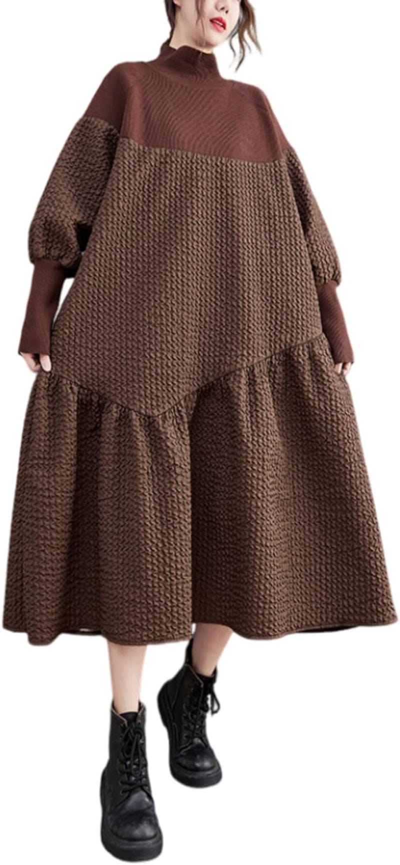 Ellazhu Women'S Knitted Turtuleneck Patchwork Pullover Ruffle Hem Dress for Christmas GZ05 Brown / Small-X-Large