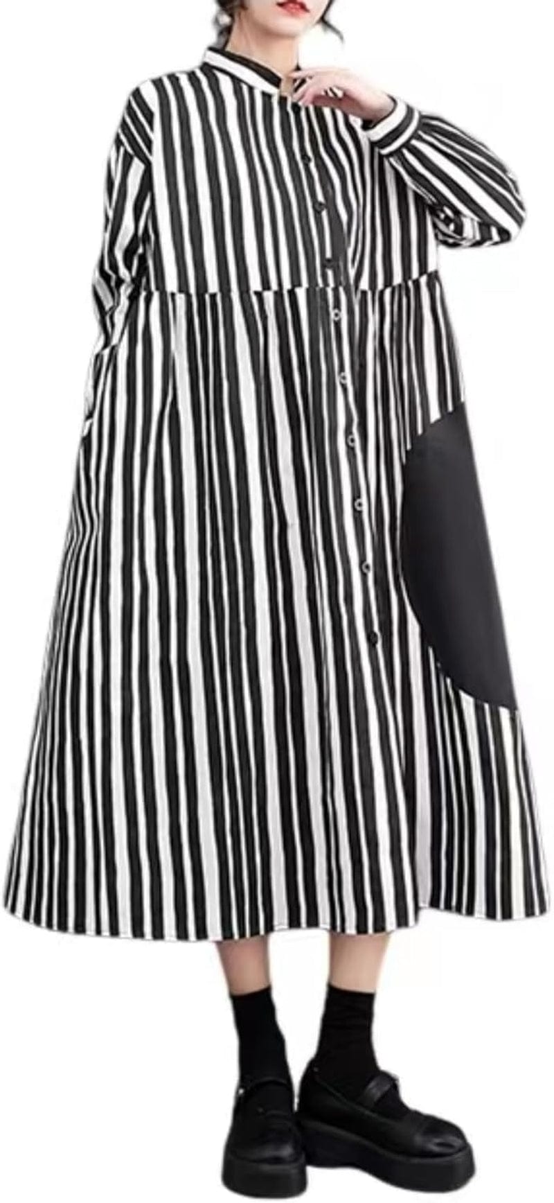 Ellazhu Women'S Vertical Stripe Shirt Dress Long Sleeve Patchwork Button down Dresses GZ02 Black White / Small-X-Large