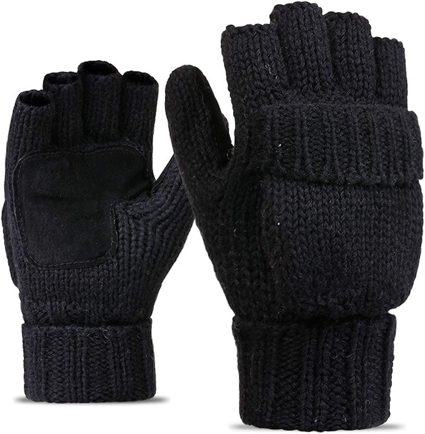 Elonglin Half-Finger Gloves with Mitten Cover Men Women Wool Blend Knitted Mitten Apparel & Accessories > Clothing Accessories > Gloves & Mittens Elonglin Black