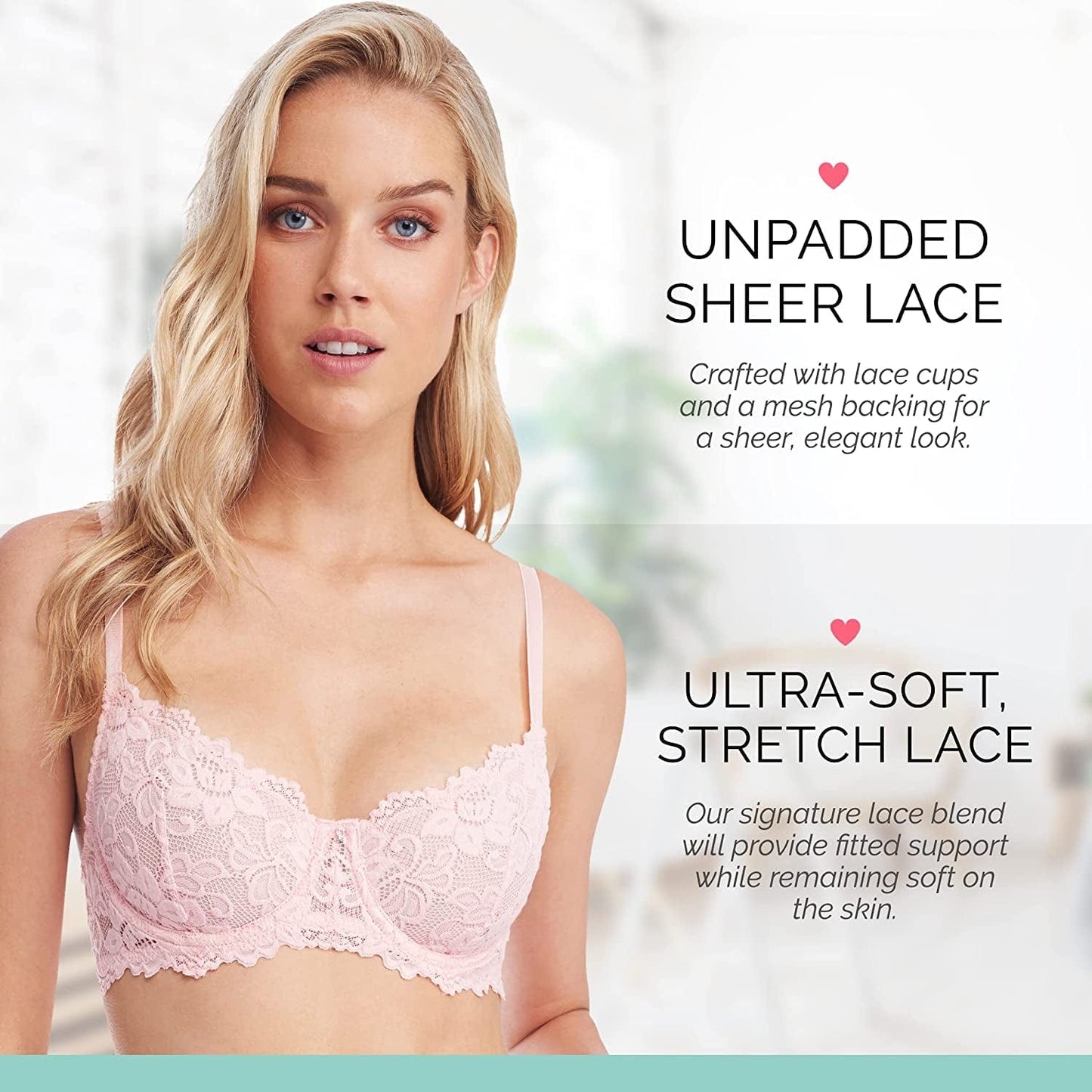 Emma Underwire Lace Bra, Unpadded Sheer Lingerie for Women, Perfect Everyday Balconette Demi Bra