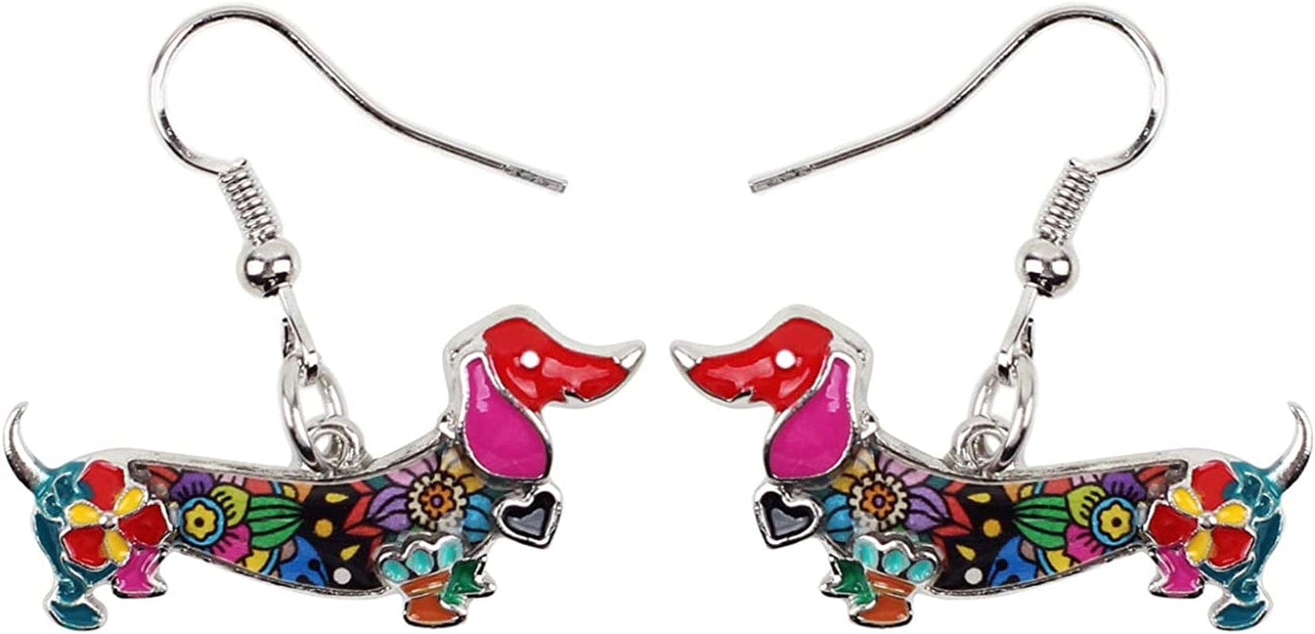 Enamel Alloy Dachshund Dog Earrings Dangle Drop Fashion Cute Animal Jewelry for Women Girls Gift Charms Multicolor