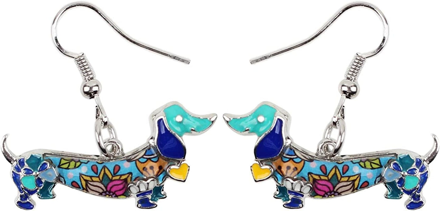 Enamel Alloy Dachshund Dog Earrings Dangle Drop Fashion Cute Animal Jewelry for Women Girls Gift Charms Blue
