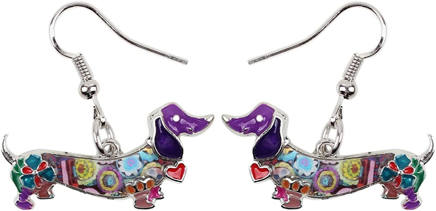 Enamel Alloy Dachshund Dog Earrings Dangle Drop Fashion Cute Animal Jewelry for Women Girls Gift Charms Purple