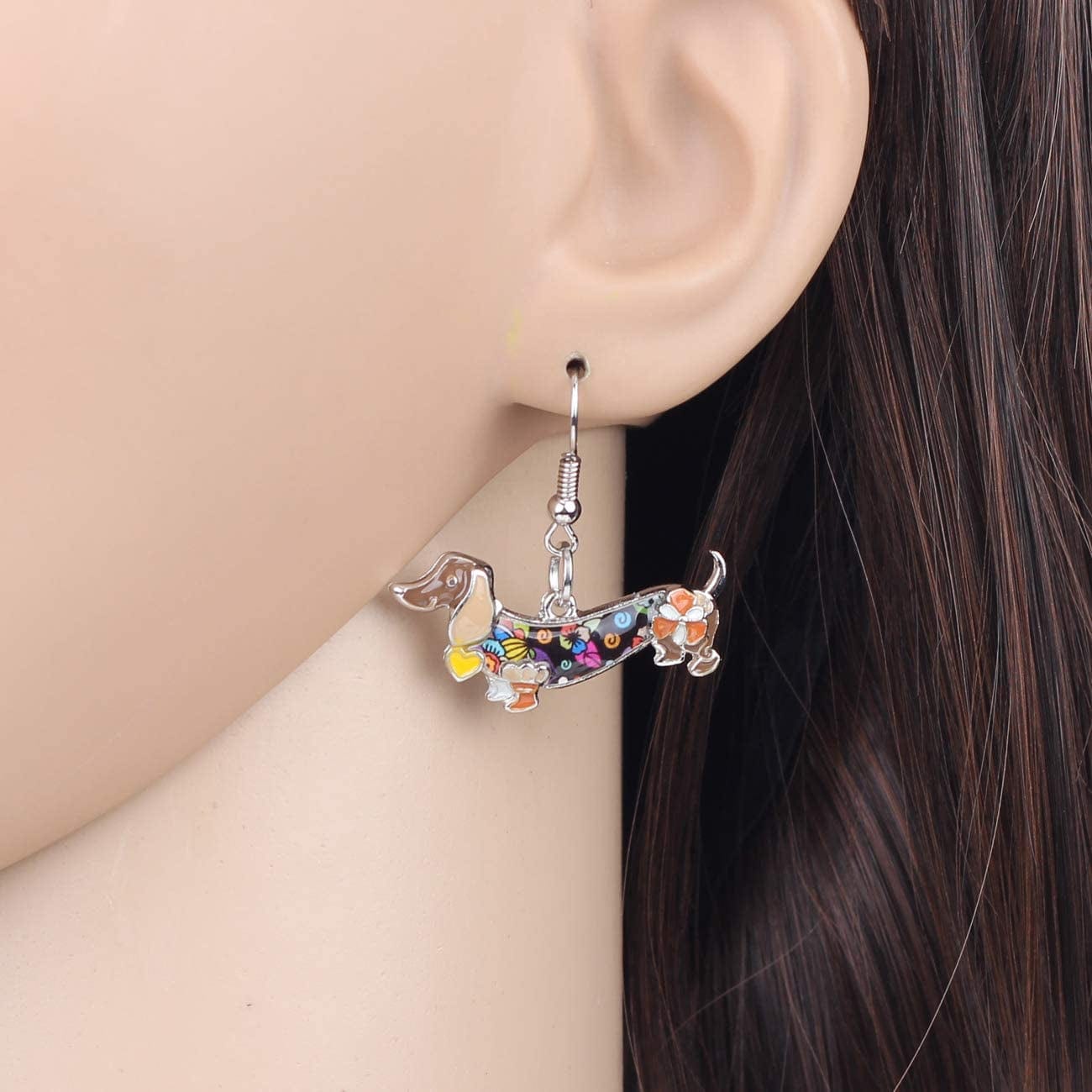 Enamel Alloy Dachshund Dog Earrings Dangle Drop Fashion Cute Animal Jewelry for Women Girls Gift Charms