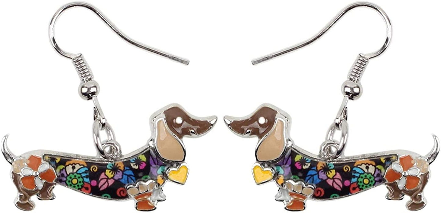 Enamel Alloy Dachshund Dog Earrings Dangle Drop Fashion Cute Animal Jewelry for Women Girls Gift Charms Brown