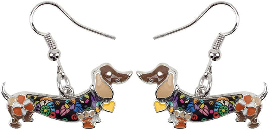 Enamel Alloy Dachshund Dog Earrings Dangle Drop Fashion Cute Animal Jewelry for Women Girls Gift Charms Brown
