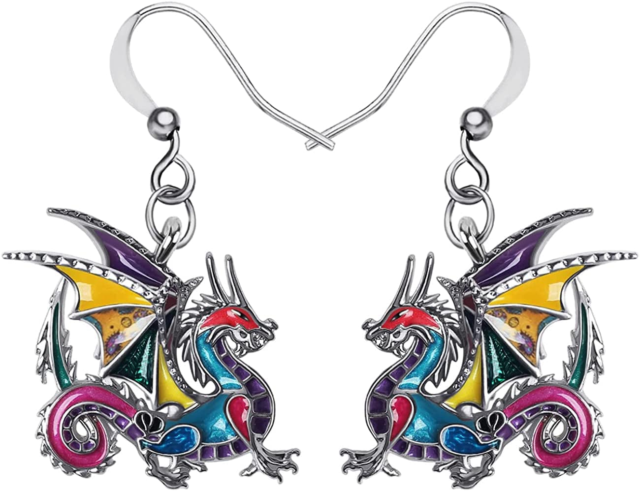 Enamel Alloy Dinosaur Fantasy Dragon Earrings Drop Dangle Unique Animal Jewelry for Women Girls Rainbow Multicolor