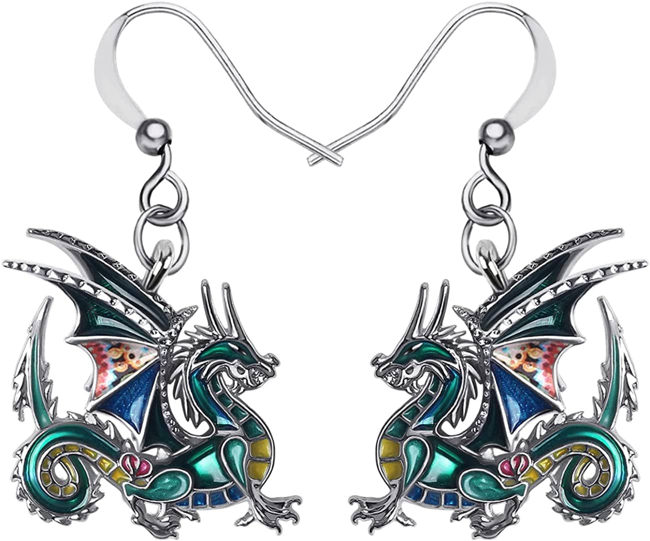 Enamel Alloy Dinosaur Fantasy Dragon Earrings Drop Dangle Unique Animal Jewelry for Women Girls Green