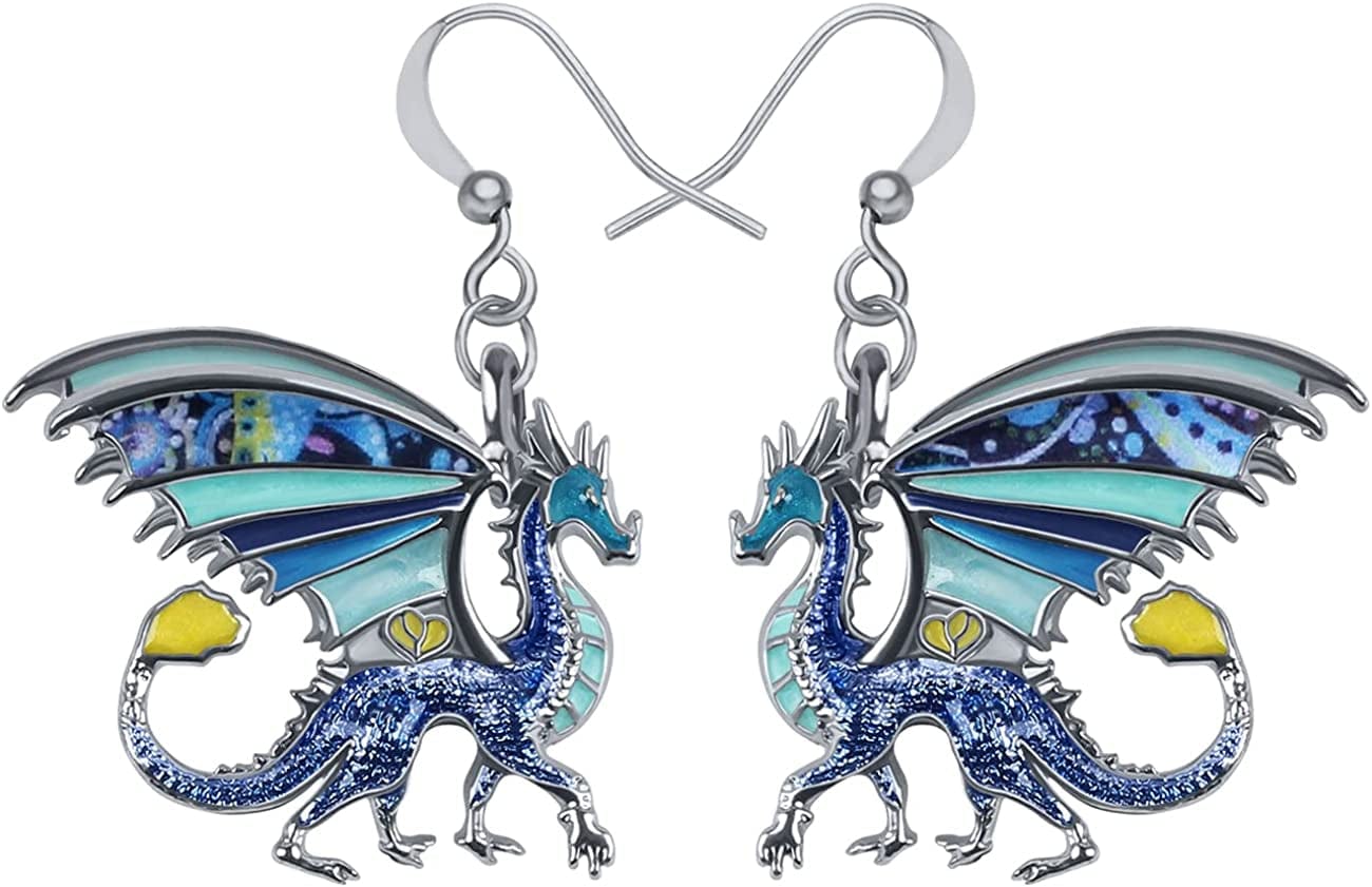 Enamel Alloy Dinosaur Fantasy Dragon Earrings Drop Dangle Unique Animal Jewelry for Women Girls Azure