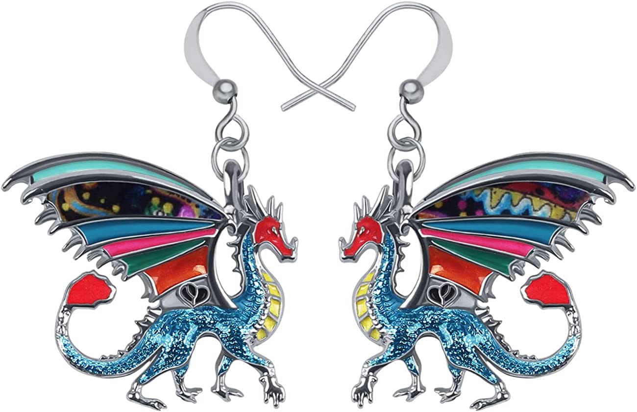 Enamel Alloy Dinosaur Fantasy Dragon Earrings Drop Dangle Unique Animal Jewelry for Women Girls Sapphire