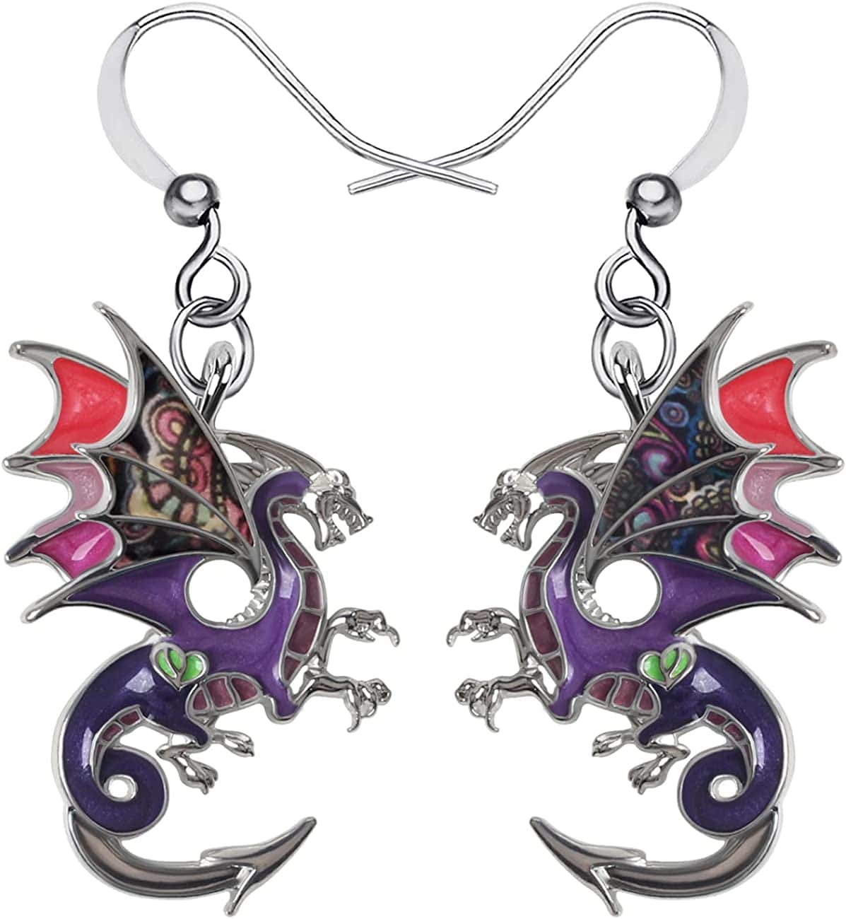 Enamel Alloy Dinosaur Fantasy Dragon Earrings Drop Dangle Unique Animal Jewelry for Women Girls Sangria Purple