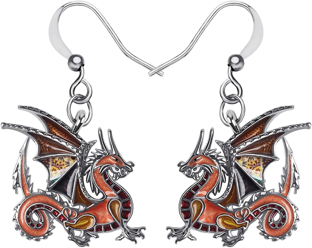 Enamel Alloy Dinosaur Fantasy Dragon Earrings Drop Dangle Unique Animal Jewelry for Women Girls Brown