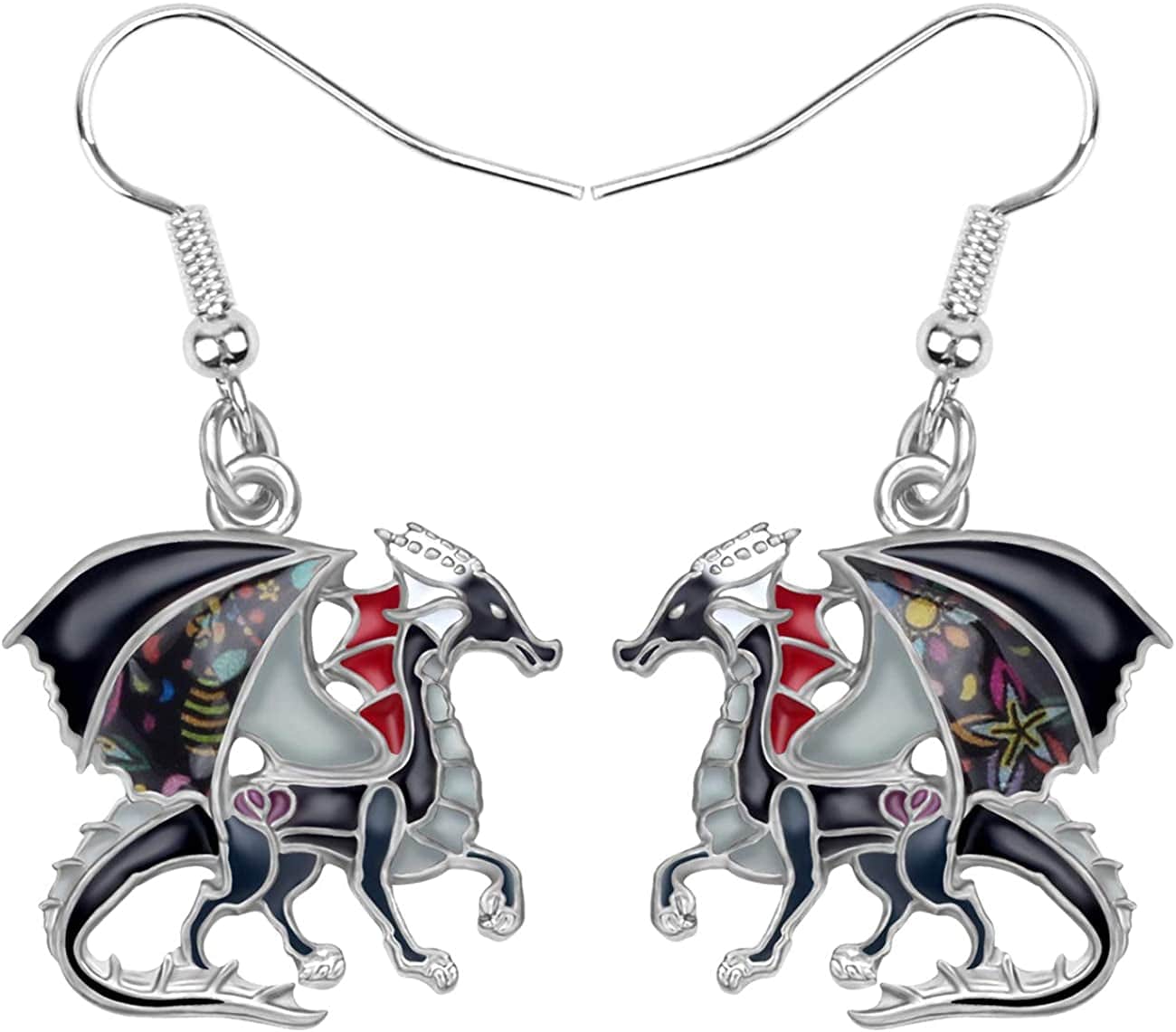 Enamel Alloy Dinosaur Fantasy Dragon Earrings Drop Dangle Unique Animal Jewelry for Women Girls Black