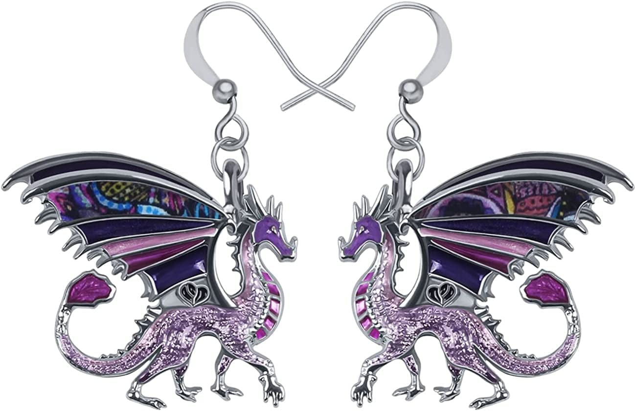 Enamel Alloy Dinosaur Fantasy Dragon Earrings Drop Dangle Unique Animal Jewelry for Women Girls Orchid Purple