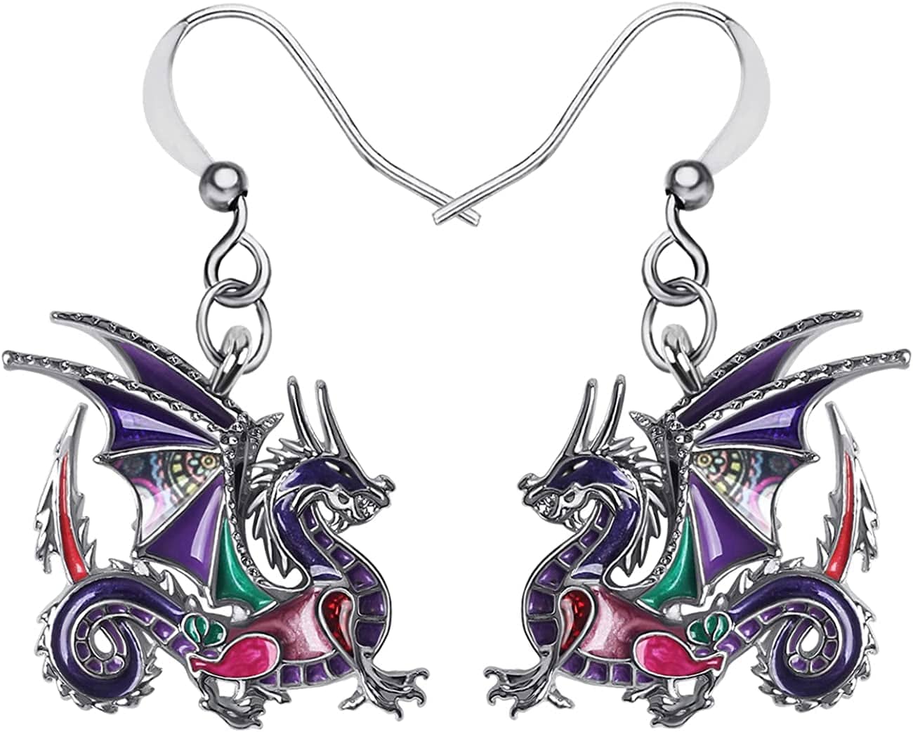 Enamel Alloy Dinosaur Fantasy Dragon Earrings Drop Dangle Unique Animal Jewelry for Women Girls Violet Purple