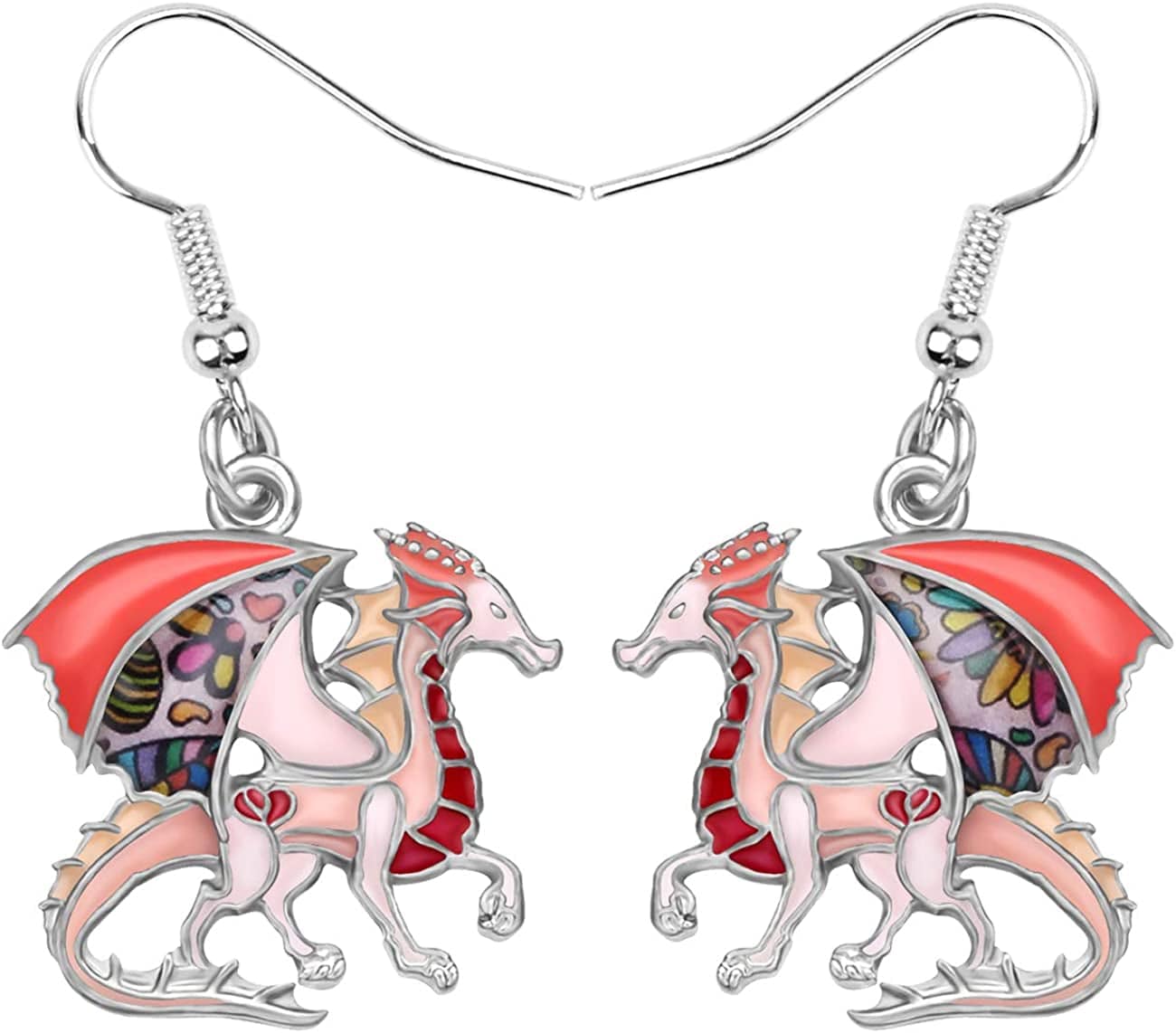 Enamel Alloy Dinosaur Fantasy Dragon Earrings Drop Dangle Unique Animal Jewelry for Women Girls Pink