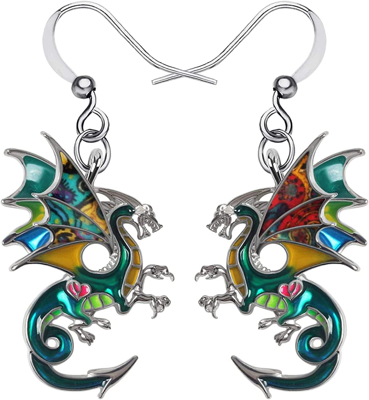 Enamel Alloy Dinosaur Fantasy Dragon Earrings Drop Dangle Unique Animal Jewelry for Women Girls Emerald Green