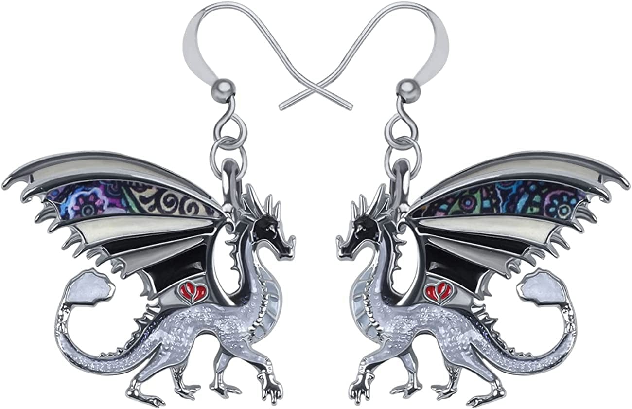Enamel Alloy Dinosaur Fantasy Dragon Earrings Drop Dangle Unique Animal Jewelry for Women Girls Charcoal