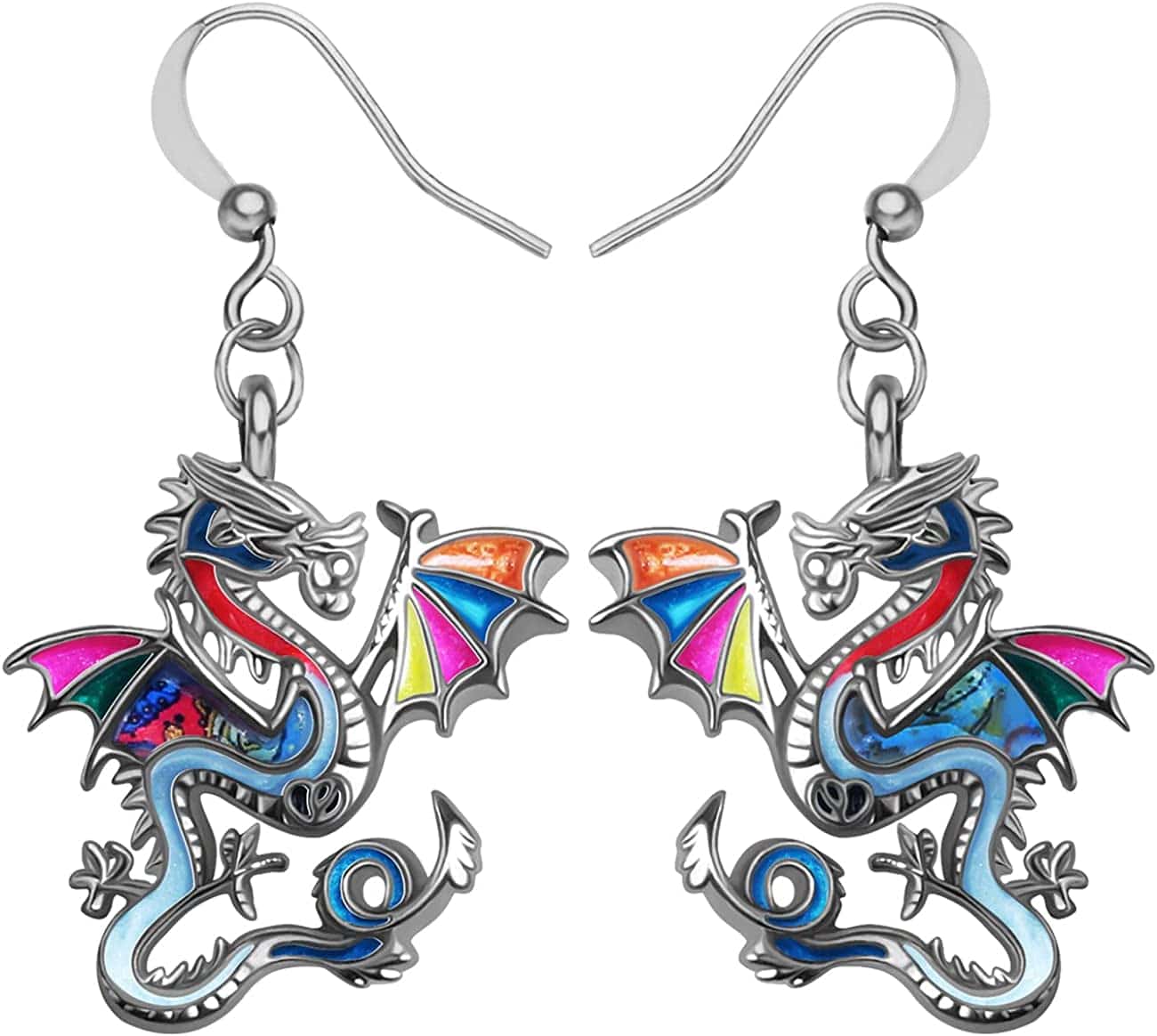 Enamel Alloy Dinosaur Fantasy Dragon Earrings Drop Dangle Unique Animal Jewelry for Women Girls Multicolour