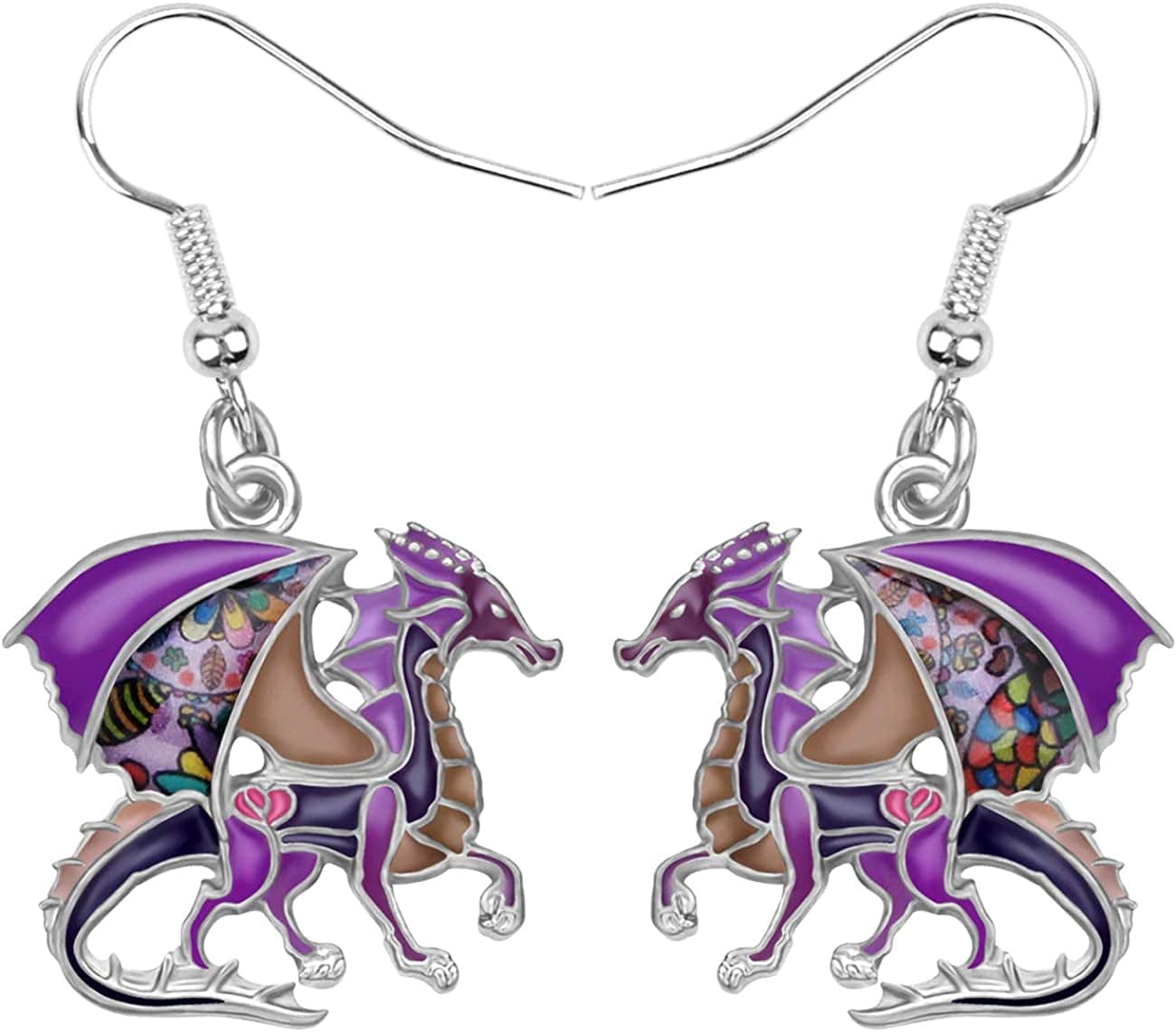 Enamel Alloy Dinosaur Fantasy Dragon Earrings Drop Dangle Unique Animal Jewelry for Women Girls Purple