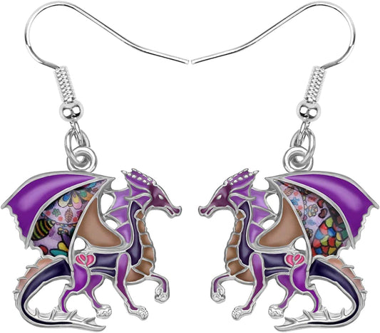 Enamel Alloy Dinosaur Fantasy Dragon Earrings Drop Dangle Unique Animal Jewelry for Women Girls Purple