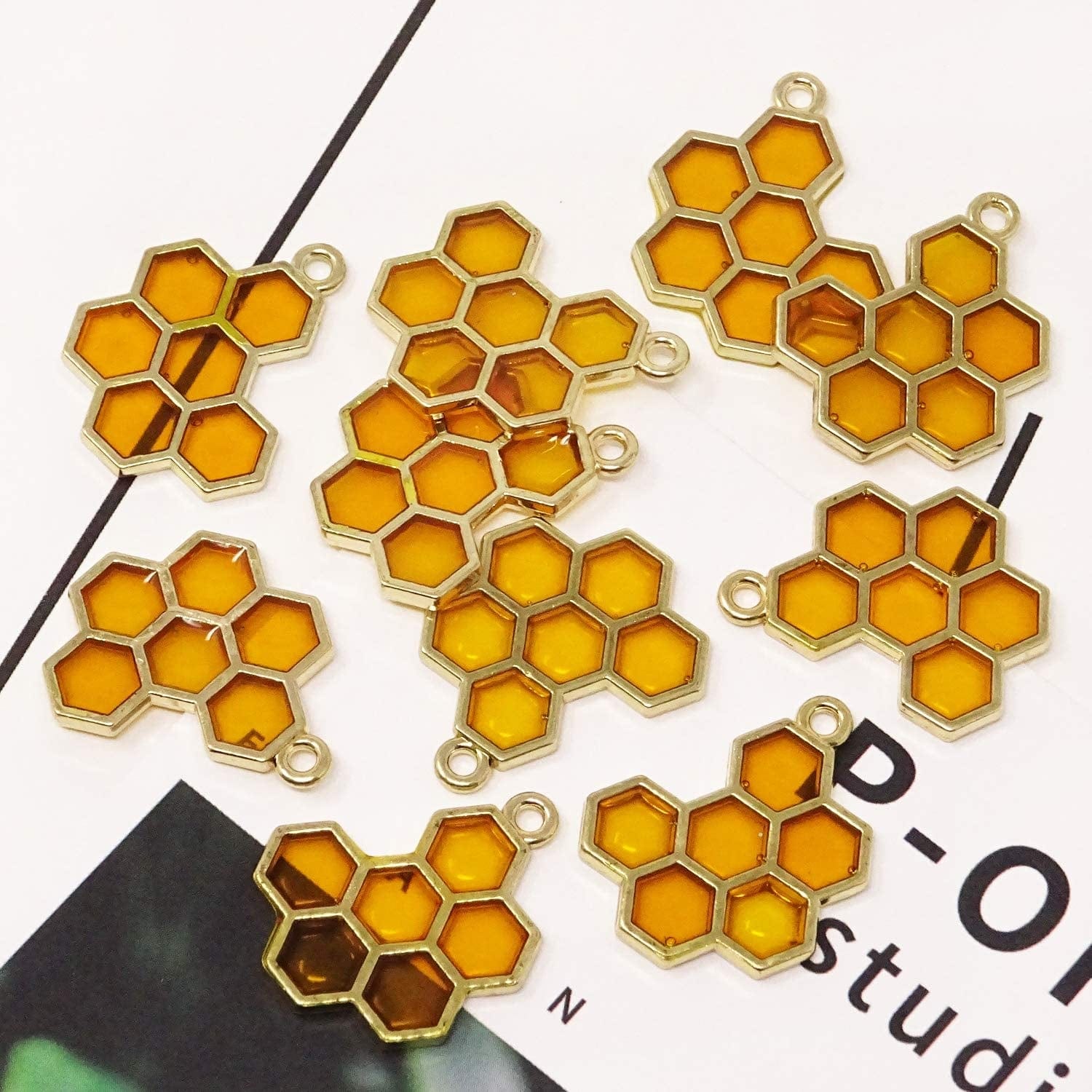 Enamel Honeycomb Charms Pendants for Jewelry Making or DIY Crafts (Yellow X 10Pcs)