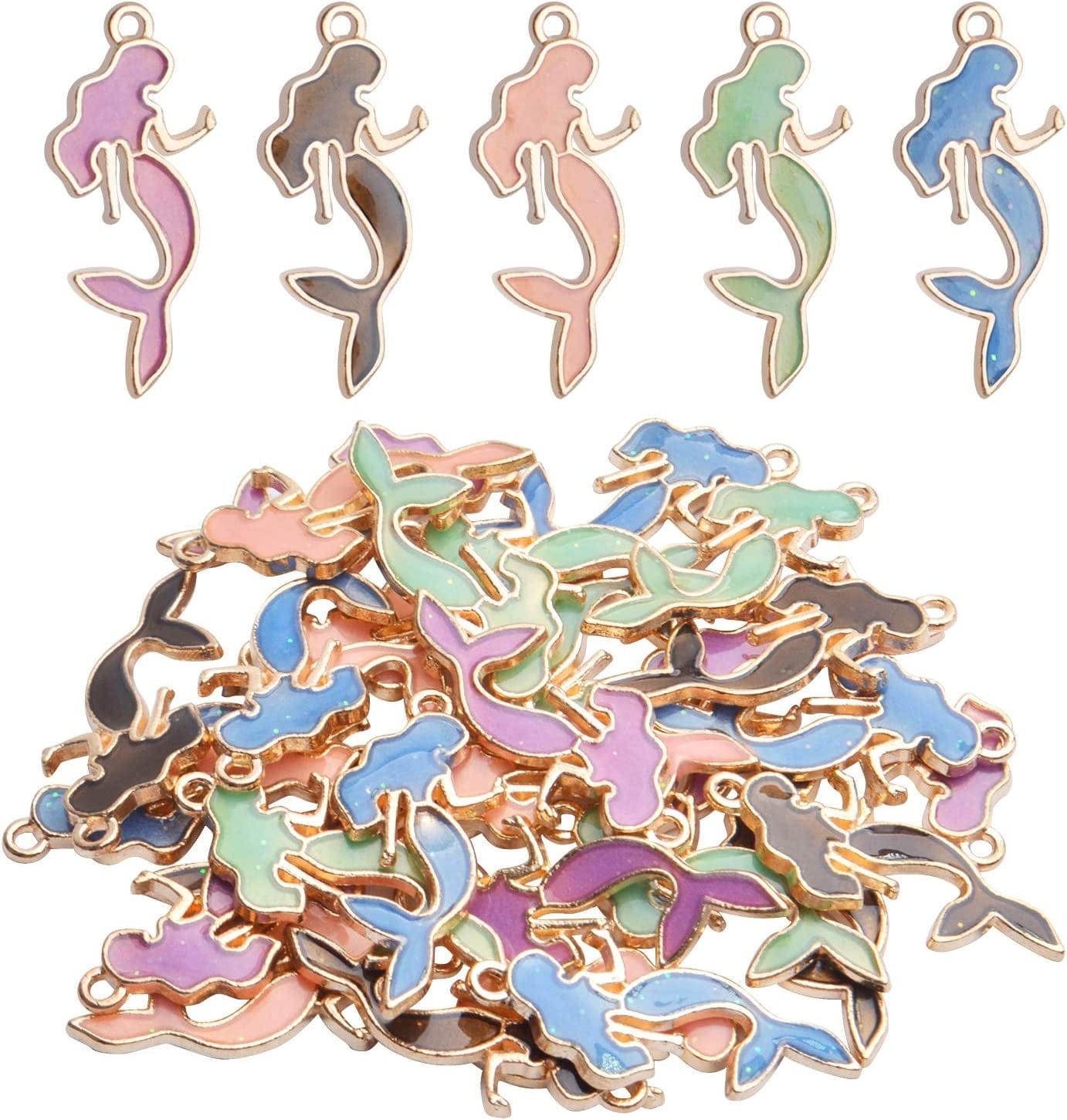 Enemal Mermaid Charms,30Pcs Mermaid Charms Pendants Gold Plated Oil Drip Enamel Charms Craft Supplies for Jewelry Bracelets Necklace Making,13 * 29Mm