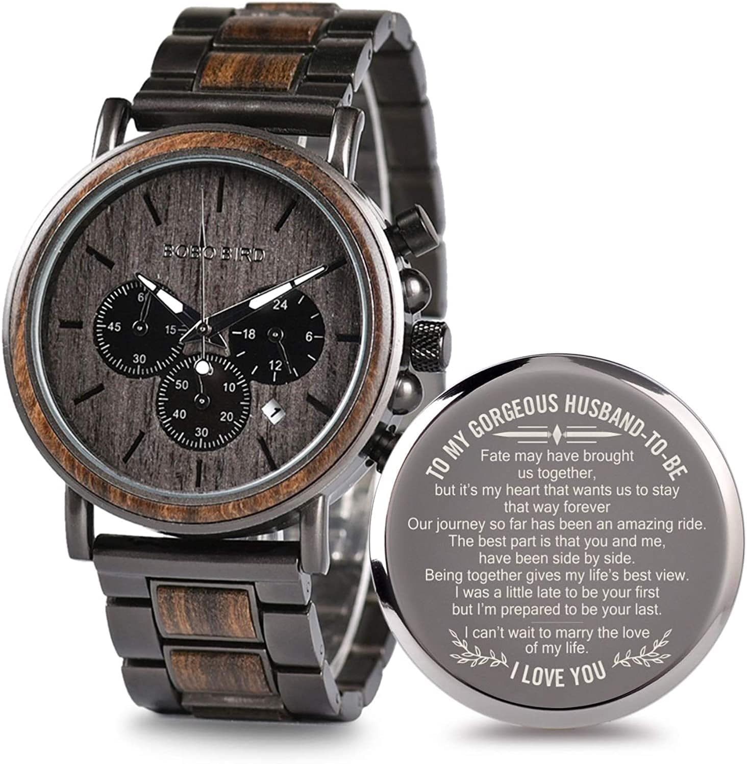 Engraved Wooden Watch for Boyfriend My Man Fiancé Husband Customized Personalized Wood Watches for Men Birthday Anniversary Personalized Watch B-for-Husband