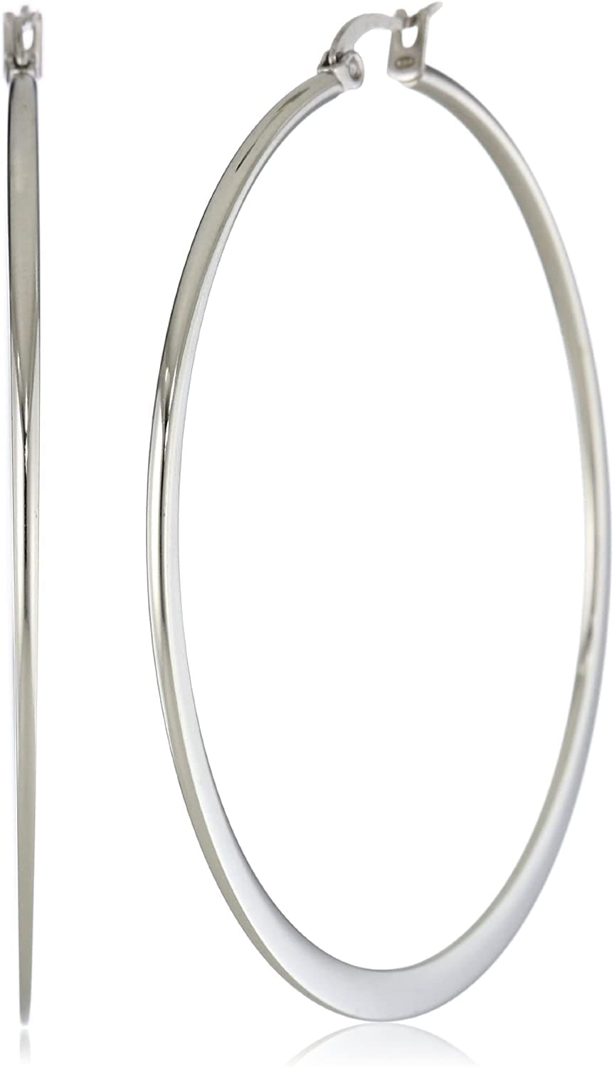 Essentials Gold or Rhodium Plated Stainless Steel Flattened Hoop Earrings Stainless Steel / 60mm