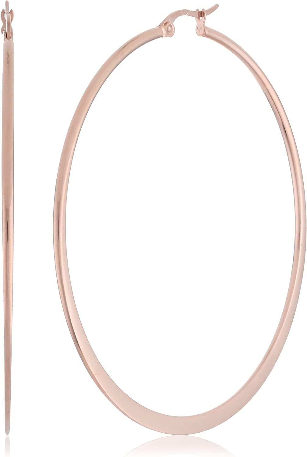 Essentials Gold or Rhodium Plated Stainless Steel Flattened Hoop Earrings Rose Gold Plated Stainless Steel / 60mm