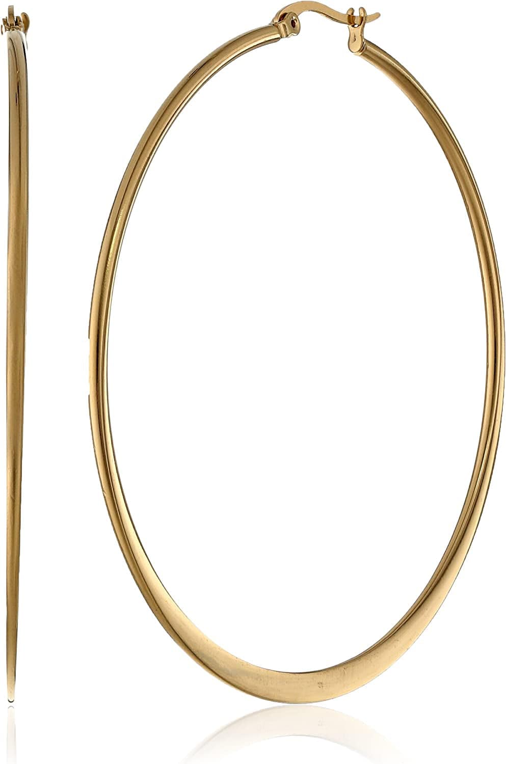Essentials Gold or Rhodium Plated Stainless Steel Flattened Hoop Earrings Yellow Gold Plated Stainless Steel / 60mm