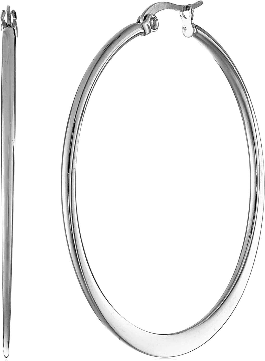 Essentials Gold or Rhodium Plated Stainless Steel Flattened Hoop Earrings Stainless Steel / 40mm