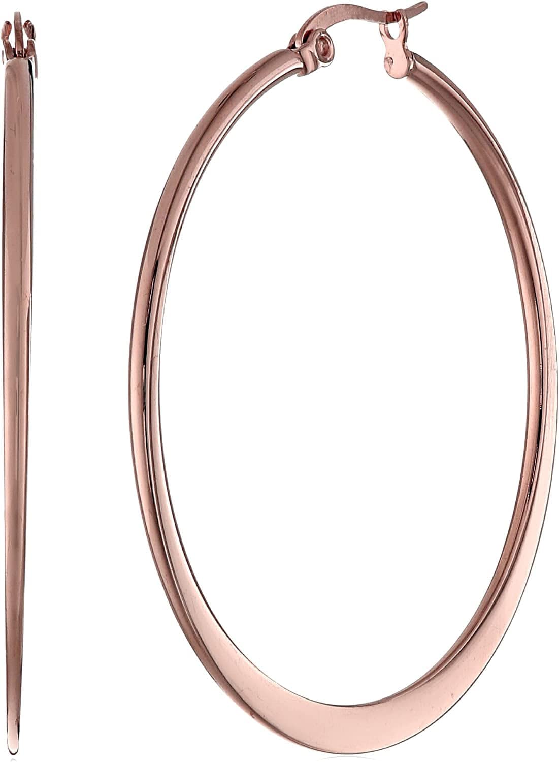 Essentials Gold or Rhodium Plated Stainless Steel Flattened Hoop Earrings Rose Gold Plated Stainless Steel / 40mm