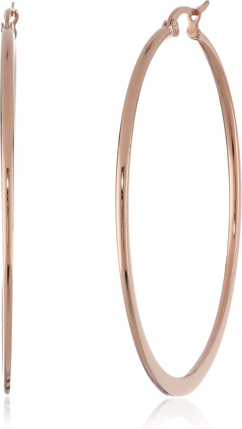 Essentials Gold or Rhodium Plated Stainless Steel Flattened Hoop Earrings Rose Gold Plated Stainless Steel / 50mm