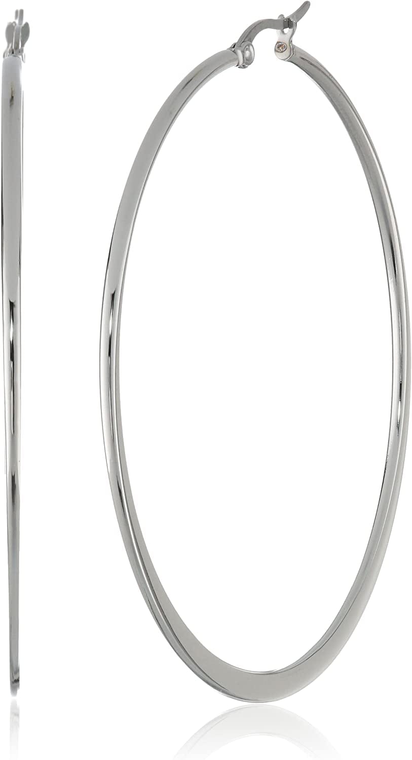 Essentials Gold or Rhodium Plated Stainless Steel Flattened Hoop Earrings Stainless Steel / 61mm