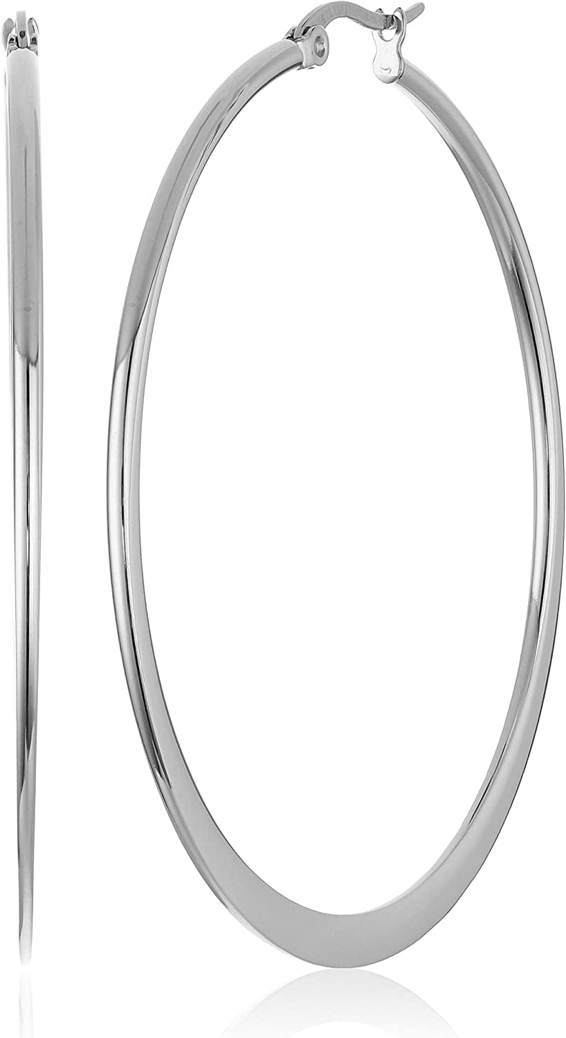 Essentials Gold or Rhodium Plated Stainless Steel Flattened Hoop Earrings Stainless Steel / 45mm