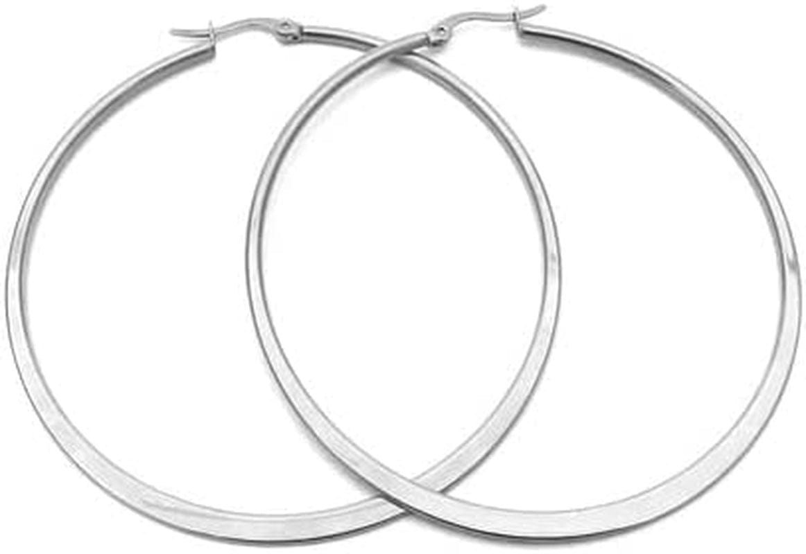 Essentials Gold or Rhodium Plated Stainless Steel Flattened Hoop Earrings