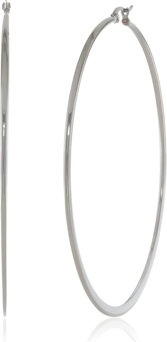 Essentials Gold or Rhodium Plated Stainless Steel Flattened Hoop Earrings Stainless Steel / 70mm