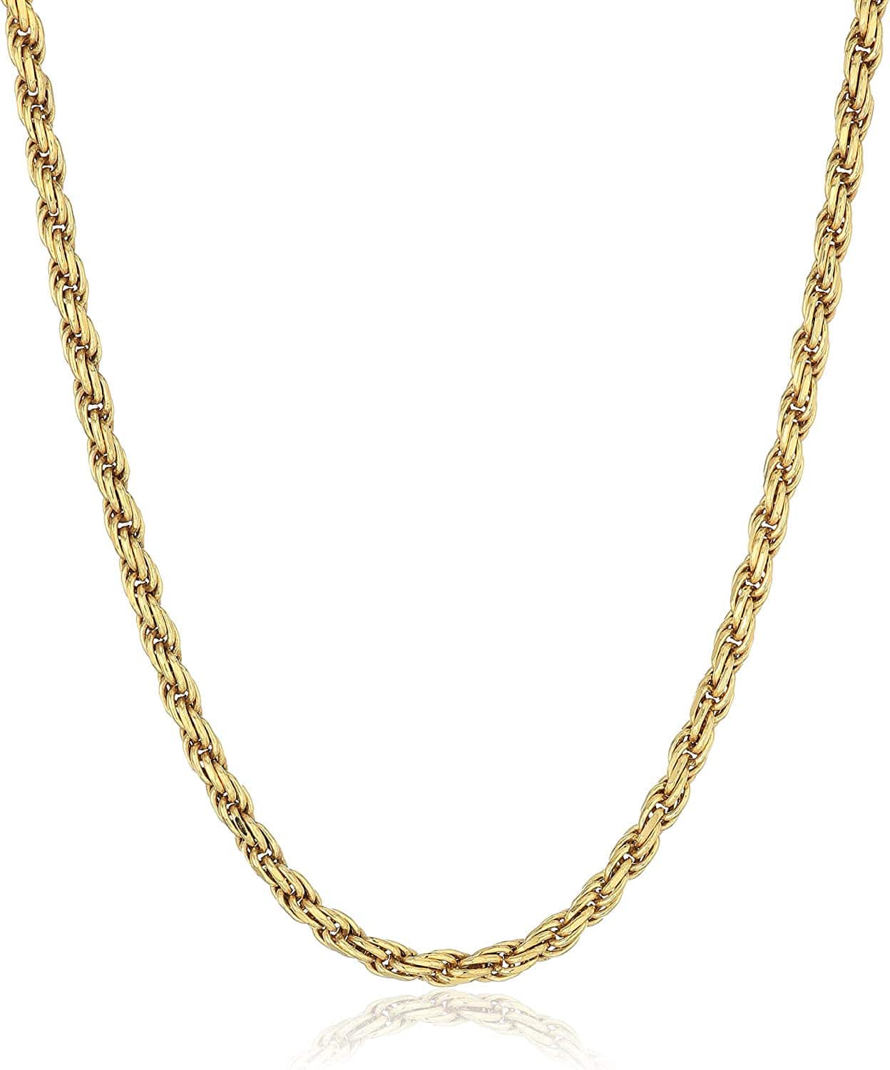 Essentials Gold or Rhodium Plated Sterling Silver Diamond Cut Rope Chain Necklace Yellow Gold Plated Sterling Silver / 20" Length